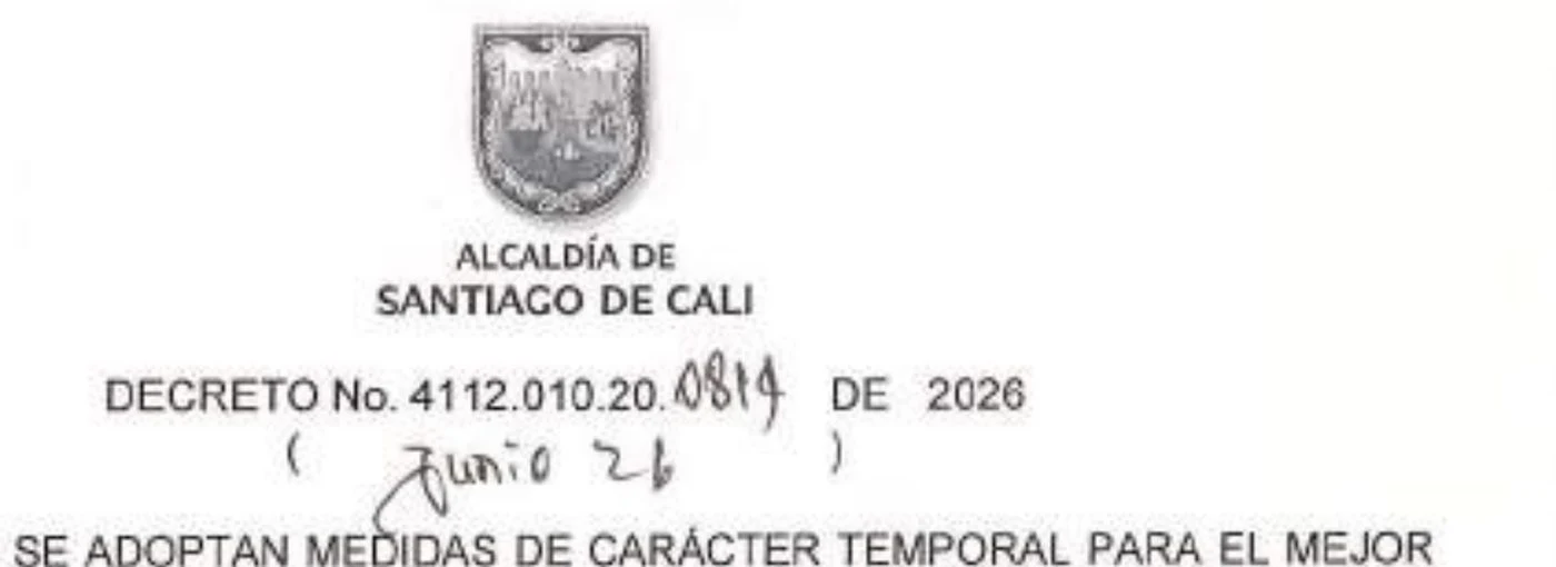 Encabezado de la primera página del Decreto 4112.010.20.0814 de 2026 de la Alcaldía de Santiago de Cali. Sobre el formato impreso, el número 0814 y la fecha Junio 26 aparecen escritos a mano con bolígrafo