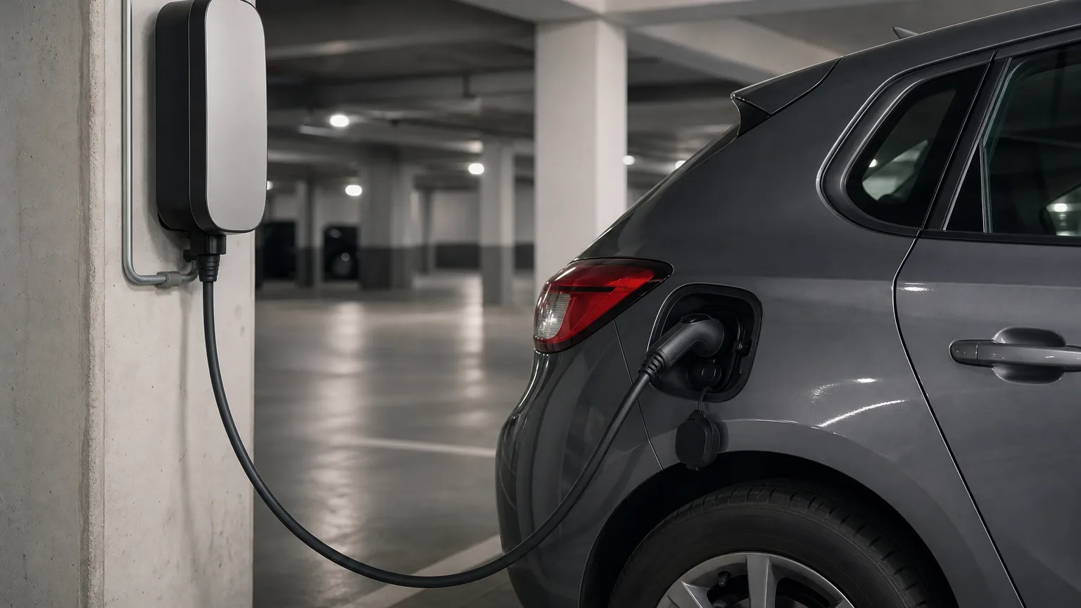 Carro compacto conectado a un cargador eléctrico en el parqueadero cubierto de un edificio, sin logos ni marcas visibles