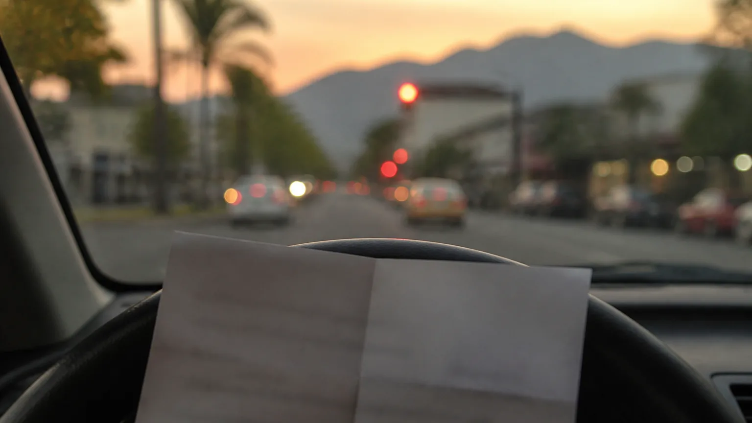 Comparendo de tránsito impreso sobre el timón de un carro, con un semáforo desenfocado al fondo