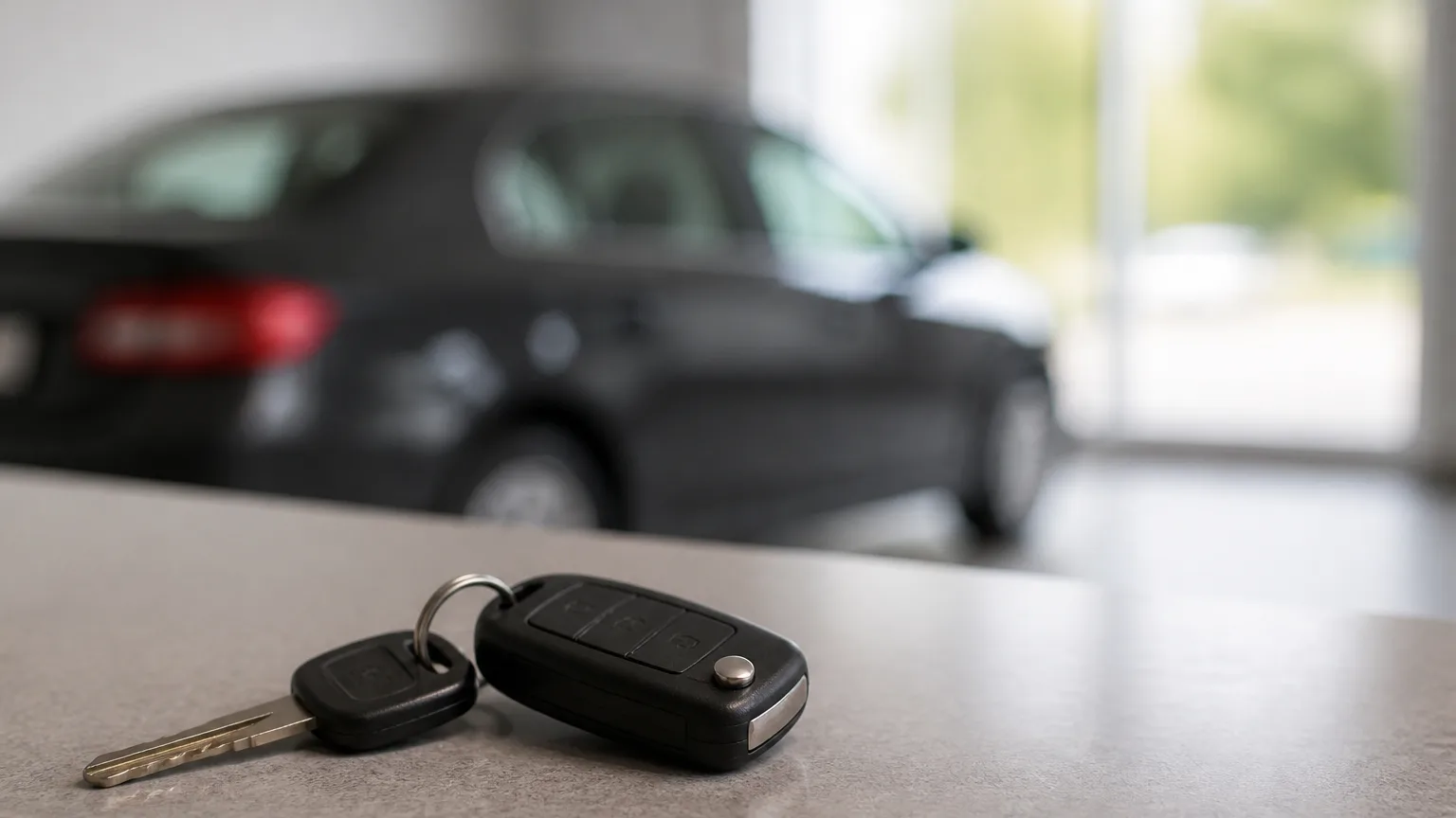 Unas llaves de carro sobre el mostrador de una oficina de alquiler, con un vehículo desenfocado al fondo, sin logos ni placas legibles