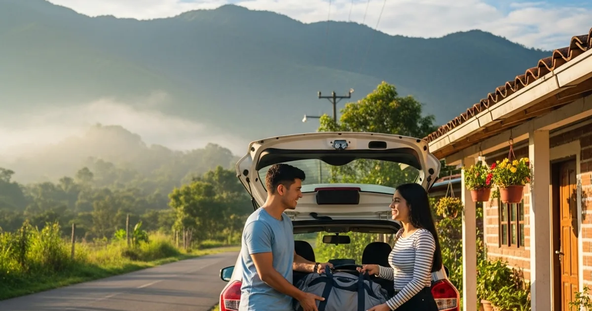 Pareja cargando maletas en el baúl de un carro compacto blanco al amanecer, con montañas andinas de fondo
