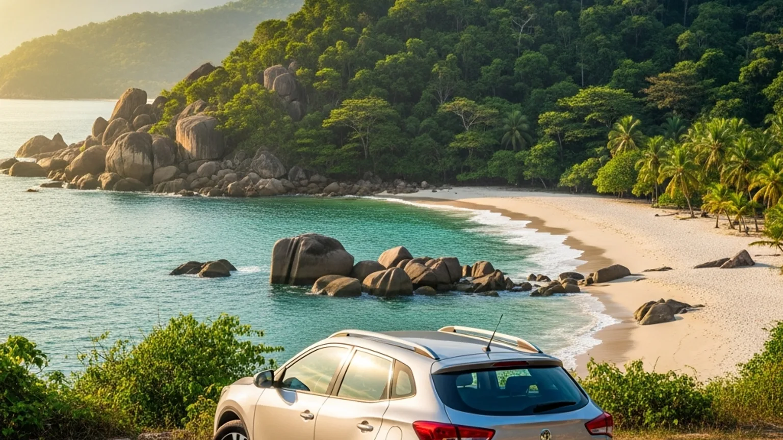 Camioneta parqueada frente a una playa de arena blanca y piedras del Parque Tayrona, con la Sierra Nevada al fondo